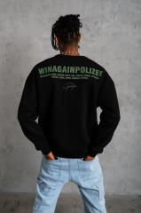 Erkek Oversize Sweatshirt – Siyah Renk | Ön ve Sırt Baskılı, Üç İplik İçi Pamuklu Kumaş, Rahat Kalıp, Ribanalı Kışlık Sweat | Winagain Polizei Serisi - Siyah
