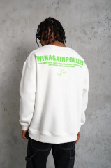 Erkek Oversize Sweatshirt – Beyaz Renk | Ön ve Sırt Baskılı, Üç İplik İçi Pamuklu Kumaş, Rahat Kalıp, Ribanalı Kışlık Sweat | Winagain Polizei Serisi - Beyaz