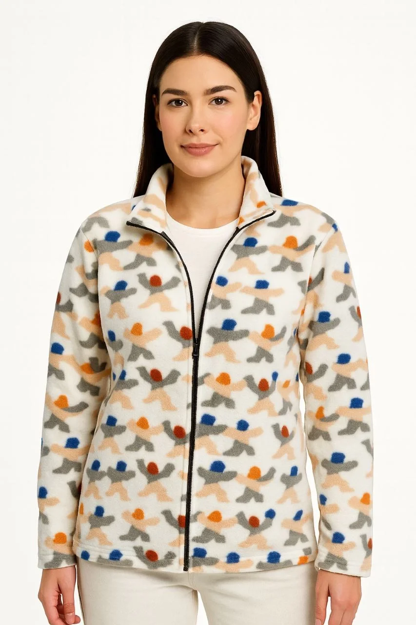 Kadın Tam Fermuarlı Desenli Polar Sweat – Siyah Multicolor Figür Desen Yakalı, Uzun Kollu, Oversize Rahat Kalıp - Beyaz