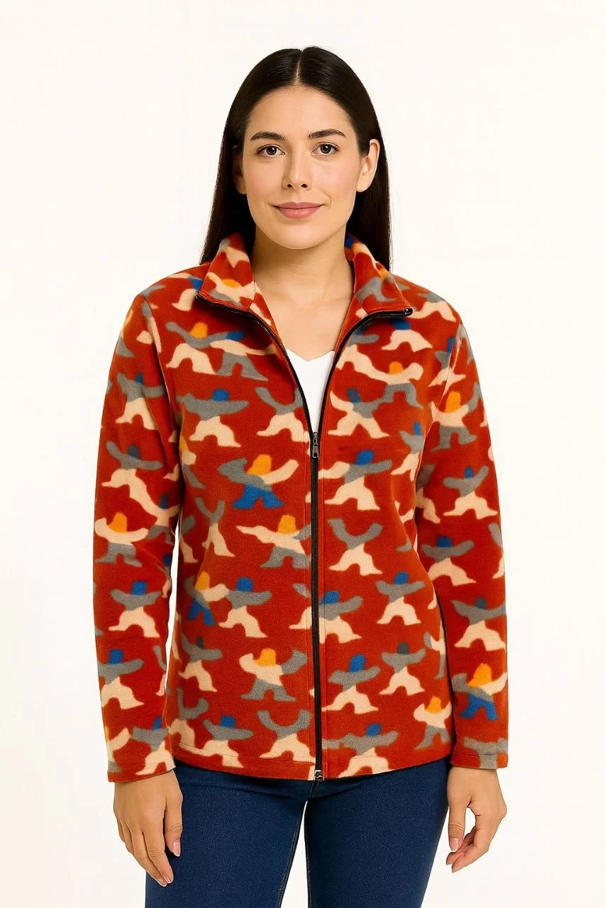 Kadın Tam Fermuarlı Desenli Polar Sweat – Siyah Multicolor Figür Desen Yakalı, Uzun Kollu, Oversize Rahat Kalıp - Kiremit