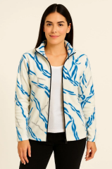 Kadın Tam Fermuarlı Desenli Polar Sweat Lightning Desen Yakalı, Uzun Kollu, Oversize Rahat Kalıp - Beyaz