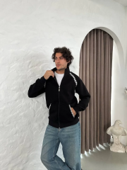 Erkek Oversize Dik Yaka Fermuarlı Sweatshirt - Zincir Nakışli Kanguru Cepli - Siyah