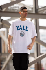 Unisex Bisiklet Yaka Baskılı Oversize T-Shirt - Beyaz