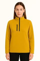 Kadın Polar Kazak – Dik Yaka, Yarım Fermuarlı, Fermuarlı Göğüs Cepli, Siyah Biyeli, Kışlık Rahat Regular Fit Günlük Model - Sarı