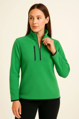 Kadın Polar Kazak – Dik Yaka, Yarım Fermuarlı, Fermuarlı Göğüs Cepli, Siyah Biyeli, Kışlık Rahat Regular Fit Günlük Model - Yeşil