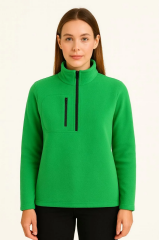 Kadın Polar Kazak – Dik Yaka, Yarım Fermuarlı, Fermuarlı Göğüs Cepli, Siyah Biyeli, Kışlık Rahat Regular Fit Günlük Model - Yeşil