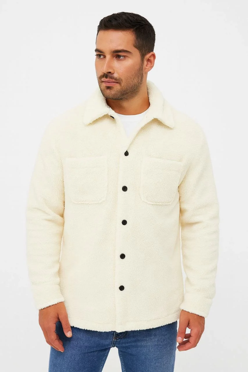 Erkek Pelüş Polar Hırka Gömlek – Yakalı, İlik Düğmeli, Göğüs Cepli, Yumuşak Dokulu Kışlık Regular Fit Rahat Günlük Model - Beyaz