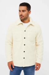 Erkek Pelüş Polar Hırka Gömlek – Yakalı, İlik Düğmeli, Göğüs Cepli, Yumuşak Dokulu Kışlık Regular Fit Rahat Günlük Model - Beyaz