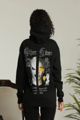 Kadın Oversize Üç İplik Kapüşonlu Sweatshirt – Siyah “Other Lives” Ön ve Arka Baskılı, Şardonlu Kışlık, Rahat Günlük Model Siyah