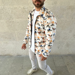 Erkek Tam Fermuarlı Desenli Polar Sweat – Siyah Multicolor Figür Desen Yakalı, Uzun Kollu, Oversize Rahat Kalıp- Beyaz