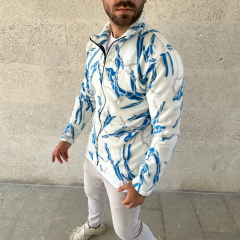 Erkek Tam Fermuarlı Desenli Polar Sweat Lightning Desen Yakalı, Uzun Kollu, Oversize Rahat Kalıp - Beyaz