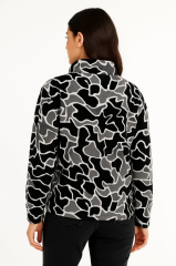 KADIN Yarım Fermuarlı Desenli Polar Sweat Yakalı, Uzun Kollu, Oversize Rahat Kalıp - Siyah