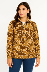 KADIN Yarım Fermuarlı Desenli Polar Sweat Yakalı, Uzun Kollu, Oversize Rahat Kalıp - Kahverengi