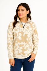 KADIN Yarım Fermuarlı Desenli Polar Sweat Yakalı, Uzun Kollu, Oversize Rahat Kalıp - Bej