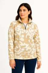 KADIN Yarım Fermuarlı Desenli Polar Sweat Yakalı, Uzun Kollu, Oversize Rahat Kalıp - Bej