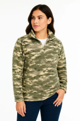 Kadın Yarım Fermuarlı Desenli Polar Sweat – Haki Kamuflaj Yakalı, Uzun Kollu, Oversize Rahat Kalıp - Haki