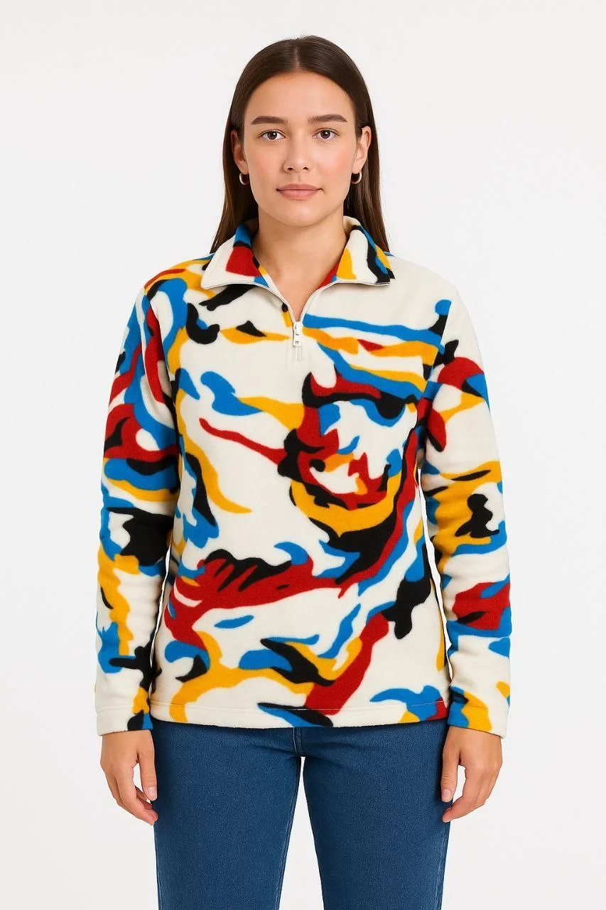 Kadın Yarım Fermuarlı Desenli Polar Sweat – Renkli Abstract Desen Yakalı, Uzun Kollu, Oversize Rahat Kalıp - Beyaz