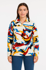 Kadın Yarım Fermuarlı Desenli Polar Sweat – Renkli Abstract Desen Yakalı, Uzun Kollu, Oversize Rahat Kalıp - Beyaz