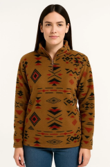 Kadın Yarım Fermuarlı Desenli Polar Sweat Tribal Etnik Desen Yakalı, Uzun Kollu, Oversize Rahat Kalıp - Kahverengi
