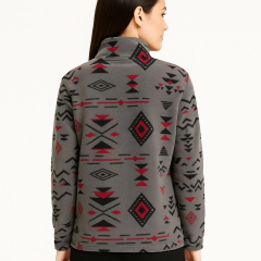 Kadın Yarım Fermuarlı Desenli Polar Sweat Tribal Etnik Desen Yakalı, Uzun Kollu, Oversize Rahat Kalıp - Füme