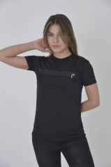 Kadın Göğüste Fermuar Aksesuarlı Dar Kalıp T-Shirt - Siyah