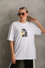 Unisex Baskılı Oversize T-Shirt - Beyaz