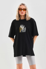 Unisex Baskılı Oversize T-Shirt - Siyah