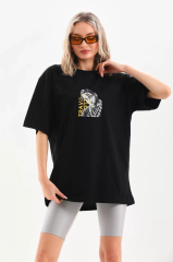Unisex Baskılı Oversize T-Shirt - Siyah