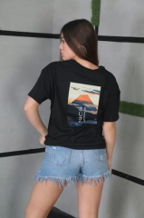 Unisex Bisiklet Yaka Baskılı Oversize T-Shirt - Siyah