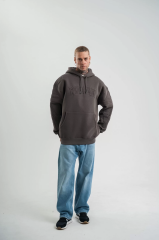 Double Oversize Kapşonlu Nakışlı SweatShirt - Füme
