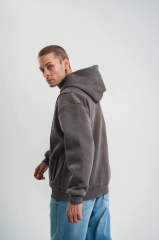 Unisex Uzun Kol Kapşonlu Yıkamalı Nakışlı SweatShirt - Füme