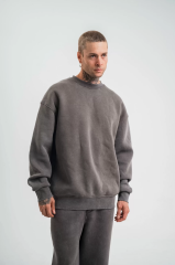 Unisex Uzun Kol Bisiklet Yaka Yıkamalı SweatShirt - Füme