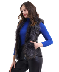 Kadın Fermuarlı Koyun Derisi Tilki Kürkü - Siyah