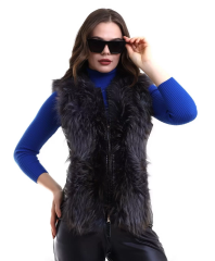 Kadın Fermuarlı Koyun Derisi Tilki Kürkü - Siyah