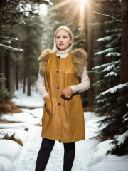 Kadın Kolsuz Hakiki Deri Kürk - Hardal