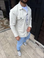 Erkek Diagonal Kumaş Cepli Çıtçıtlı uzun Kollu, Gömlek Oversize Rahat Kalıp Günlük Şık Stil - Beyaz