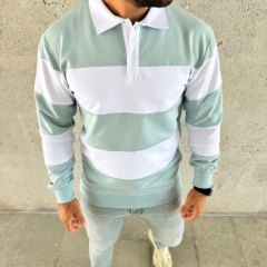 Erkek Polo Yaka Uzun Kollu Çizgili Sweatshirt Trend Rugby Stil - Çağla Yeşili