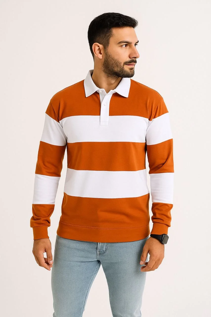Erkek Polo Yaka Uzun Kollu Çizgili Sweatshirt Trend Rugby Stil - Turuncu