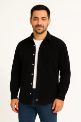 Erkek Fitilli Kadife Cepli Gömlek Oversize Rahat Kalıp - Siyah