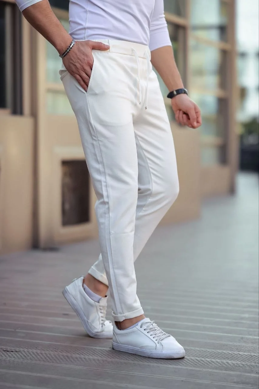 Erkek Diagonel Mikro dokulu Cepli Beli Lastilki Pantolon - Beyaz