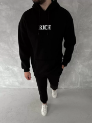 Uzun Kol Kapüşonlu Göğüs Baskılı SweatShirt - Siyah