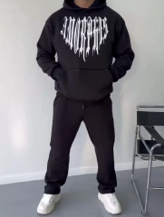 Uzun Kol Kapüşonlu Baskılı SweatShirt - Siyah