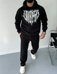 Uzun Kol Kapüşonlu Baskılı SweatShirt - Siyah