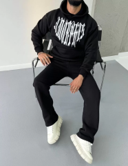 Uzun Kol Kapüşonlu Baskılı SweatShirt - Siyah