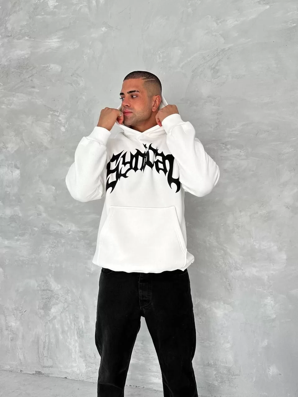 Unisex Üç İplik Kapüşonlu Baskılı SweatShirt - Beyaz