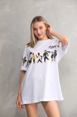 Unisex Bisiklet Yaka Baskılı Oversize T-Shirt - Beyaz